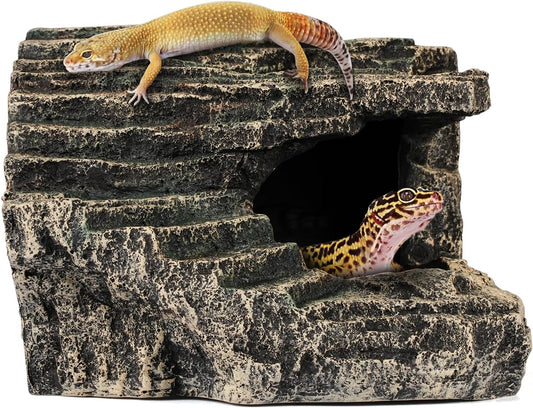 Reptile Hide, Great for Geckos, Snakes, Bearded Dragons & Lizards. with Steps for Reptile Rock Climbing, It Doubles as Aquarium Rock Cave Corner Reptile Cave for Climbing Hiding. (Stone, A-XLarge)