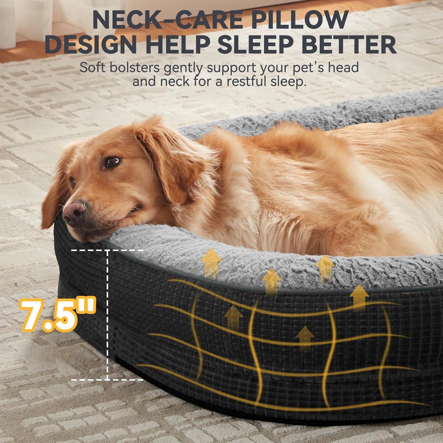 JOEJOY Orthopedic Dog Bed for Extra Large Dogs, Egg-Crate Memory Foam Pet Bed with Bolster Sides, Waterproof Lining, Removable Washable Cover & Non-Slip Bottom, Black