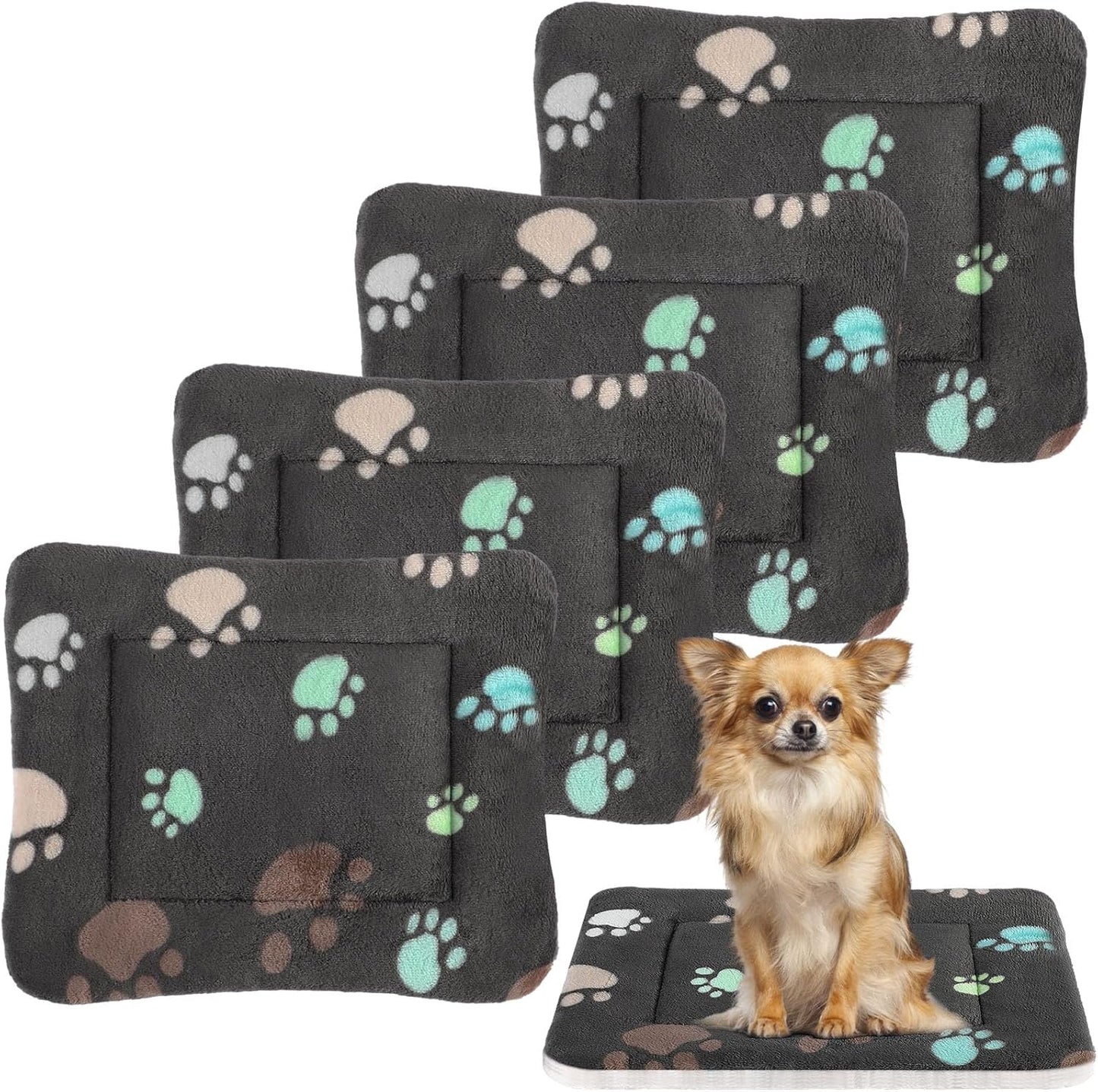 4 Pack Ultra Soft Dog Cat Bed Mat with Cute Prints Reversible Fleece Dog Crate Kennel Pad Cozy Washable Thickened Hamster Guinea Pig Pet Bed Mat for Small Animals(23 x 18 Inches,Black)