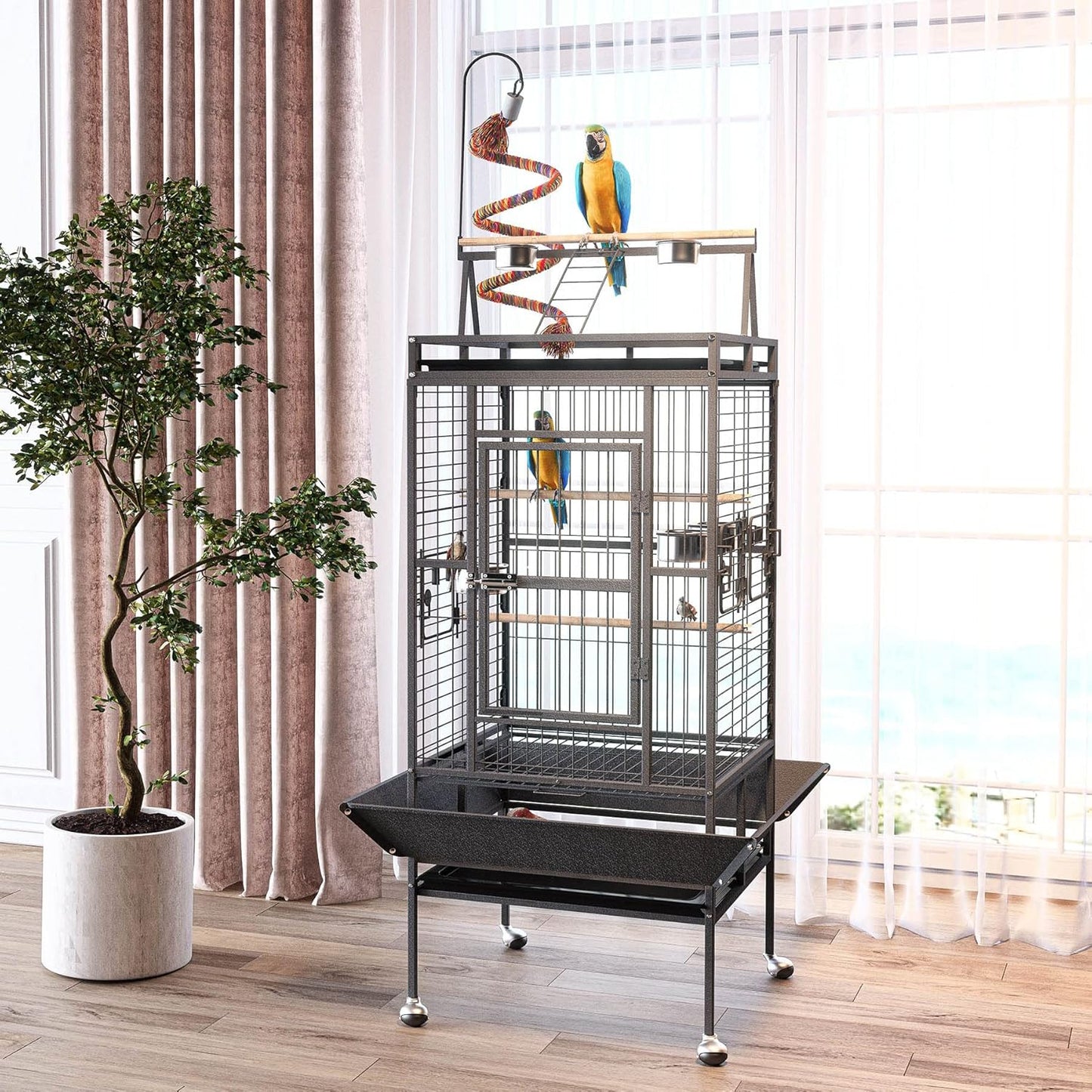 82 Inch Bird Cage, BOINN Bird Flight Cages with Rolling Stand & Bottom Tray, Wrought Iron Parrot Cage with PlayTop for Parakeet, Lovebirds, Ringneck, Cockatiels