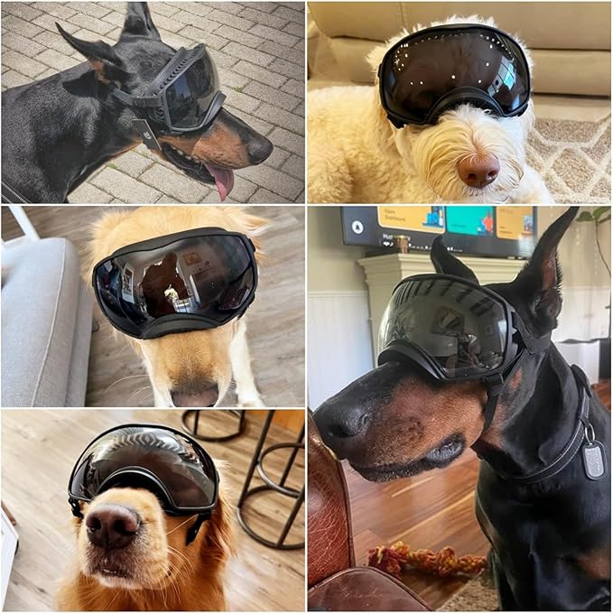 NAMSAN Dog Goggles Large Breed, UV Protection, Driving Doggie Sunglasses for Medium to Large Dogs, Wide Glasses Full Eye Protection, Anti-Fog Windproof, Adjustable, Black