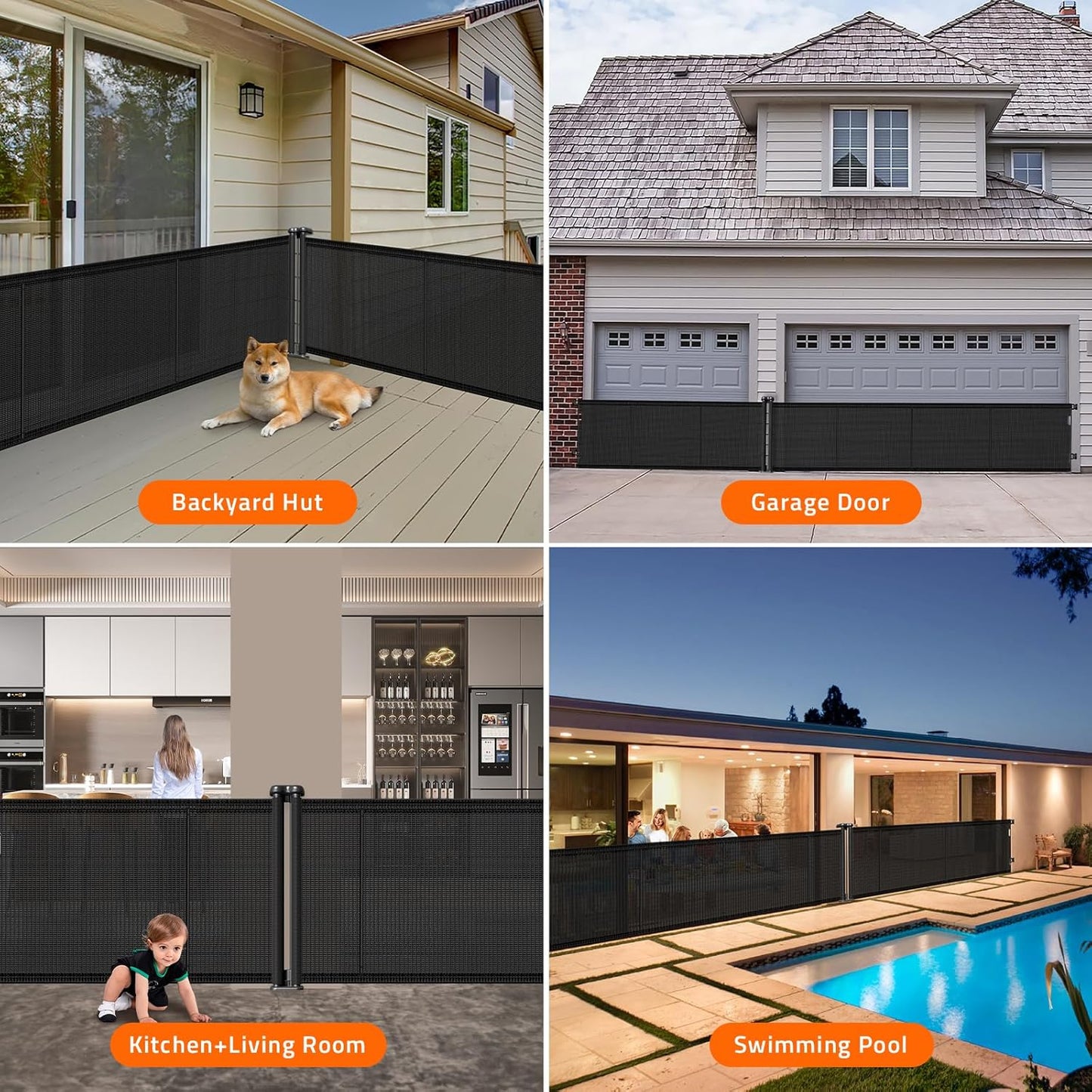 2-in-1 Retractable Baby Gates, 41" Tall Mesh Dog Gate 1-Pack, One Side Up to 200" Wide, Total 400" Wide, Long Retractable Pet Gate for Yard Swimming Pool Garage Indoor Outdoor-Black