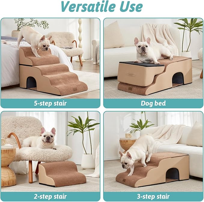 Extra Wide Dog Stairs with Tunnel, Detachable Large Pet Step for Small Medium Dog, Puppy or Cat, Ramp for High Bed, Couch, Sofa or Car, Stable, 19.7x33x22.4 inch, 5 Step, Light Brown