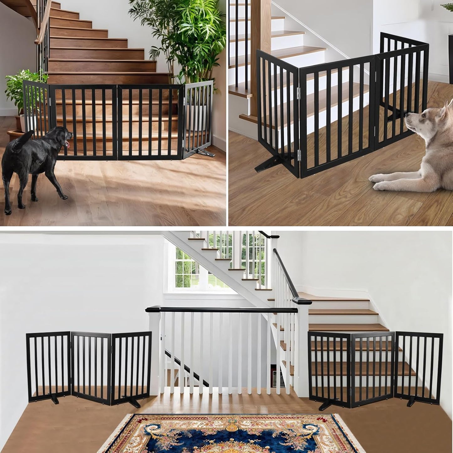 ZJSF Freestanding Indoor Dog Gate for House Foldable Wood Puppy Gate for Doorways Pet Gate for Stairs Extra Wide Pet Fence, Black, 32" Height 4 Panels