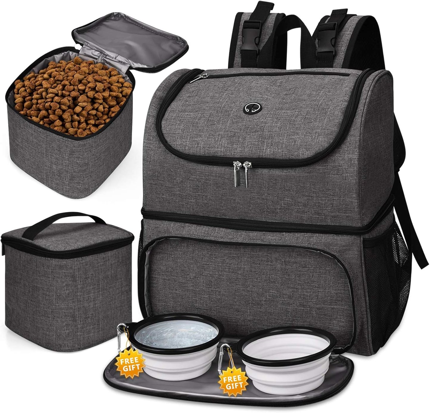 BAGLHER Pet Travel Bag, Double-Layer Pet Supplies Backpack (for All Pet Travel Supplies), Pet Travel Backpack with 2 Silicone Collapsible Bowls and 2 Food Baskets Grey