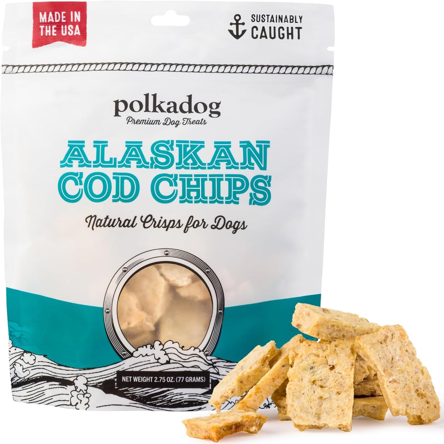 Polkadog Crunchy Alaskan Cod Chips – Single Ingredient Dog Treats, 100% Wild-Caught Cod from Alaska – High-Protein, Omega-3 Rich, Grain-Free, All Natural Snacks – Handcrafted in USA - 2.75 oz