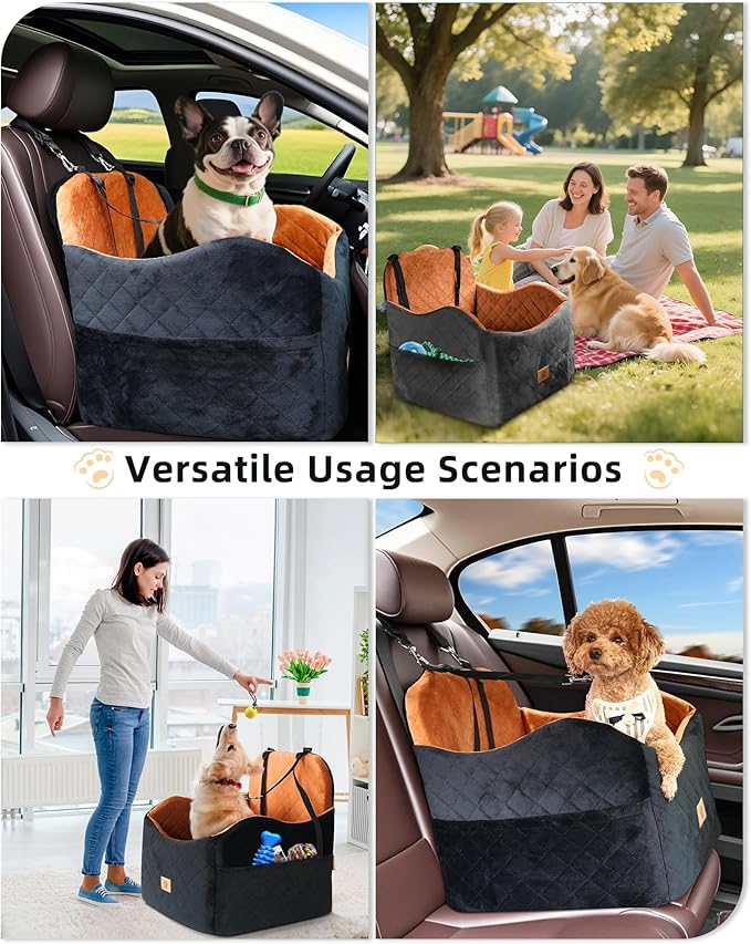 Car Seat Booster for Dog: High-Support Memory Foam Pet Car Seat for Small/Medium Dogs Under 35lbs with Elevated Cushion,Pockets - Detachable Washable Puppy Travel Bed for Driving(Black/Brown)