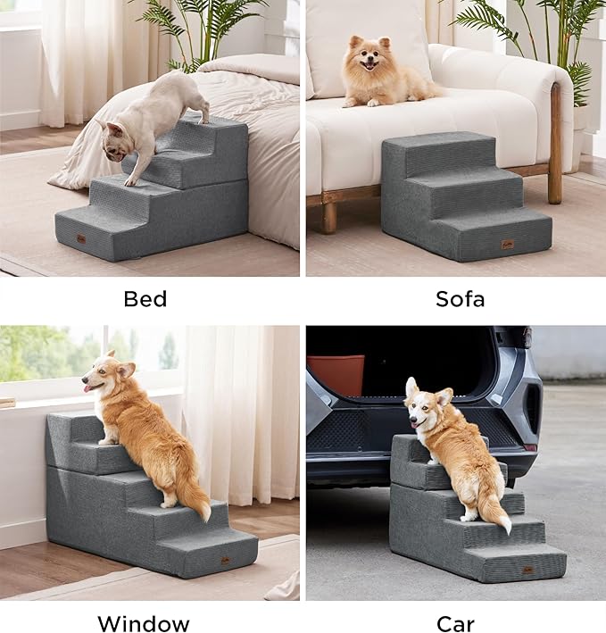 Made4Pets Dog Stairs for Small Dogs, Extra Wide Dog Steps for Bed Couch Sofa and Chair, 35D Foam Pet Steps for Small Dogs and Cats, Non-Slip Bottom Pet Stairs, Grey, 3 Steps