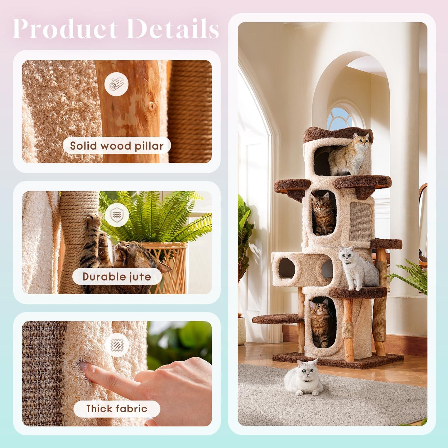 70" Heavy Duty Cat Tree for Large Cats with Toys, All-in-One Cat Tower with Cat Perch, Tall Cat Tower with Scratching Post, Brown Modern Cat House