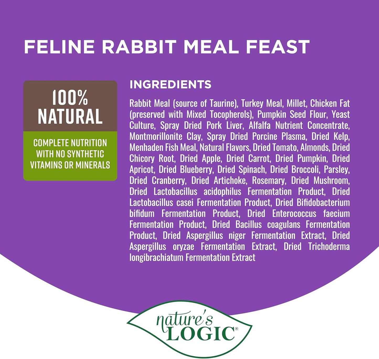 Nature's Logic Feline Chicken Meal Feast Cat Food - High-Protein Dry Food for Cats, 100% Natural Nutrition with Probiotics & Prebiotics - All Life Stages - Rabbit, 3.3lbs