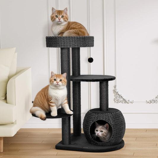KAMABOKO Modern Cat Tree, 39" Tall Cat Tree Black for Kittens Climb Play & Rest, Cat Trees for Indoor Cats w/Natural Sisal Scratching Posts, Hand-Woven Condo & Top Perch