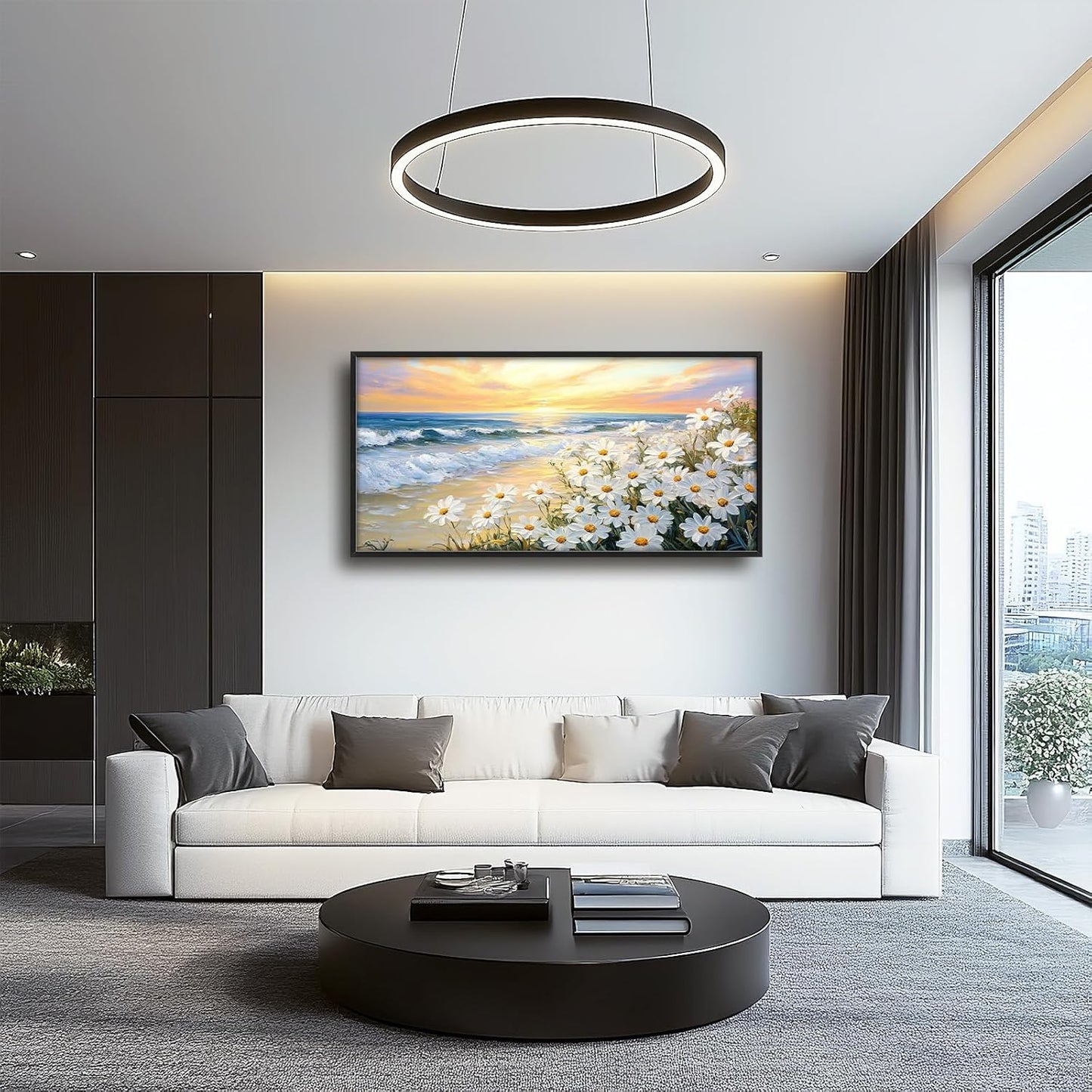 Large Beach Daisy Wall Art, Framed Coastal Beach Wall Decor for Living Room, Oversized Sunrise Canvas Painting Seascape Pictures Home Decoration for Living Room Bedroom Office 60"x30"