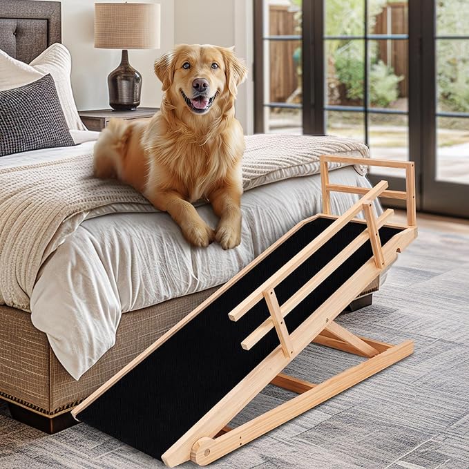 Dog Ramp, 5 Level Adjustable Wooden Folding Pet Ramp for Middle Bed, Couch,SUV-High Traction, Portable Paw Ramps for Small & Large Old Dogs & Cats - Furniture Quality