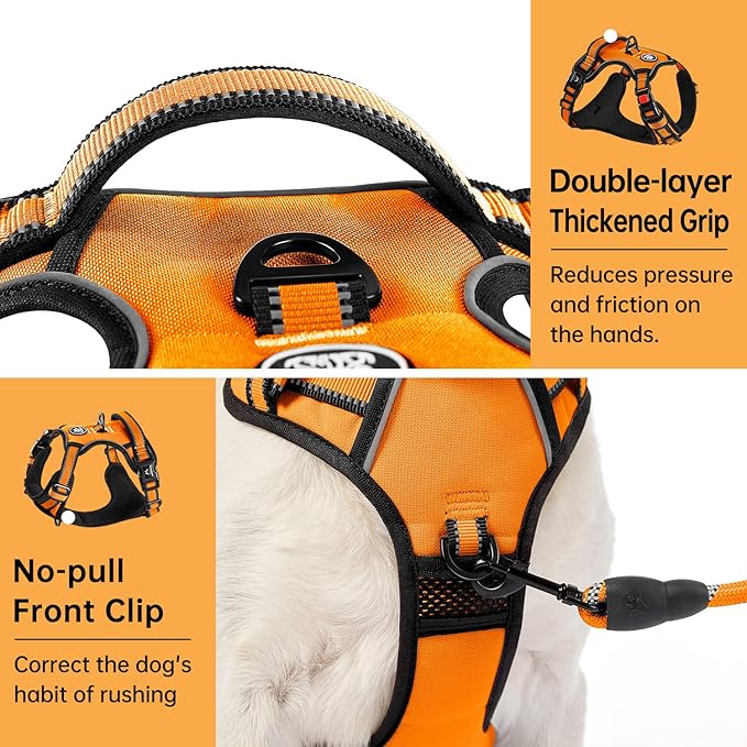 IVY&LANE No Pull Dog Harness for Large Dogs, Dog Vest Harness with Leash, Safety Belt and Storage Strap, Fully Adjustable Harness, 360° Reflective Strip, Soft Handle (Orange,X-Large)