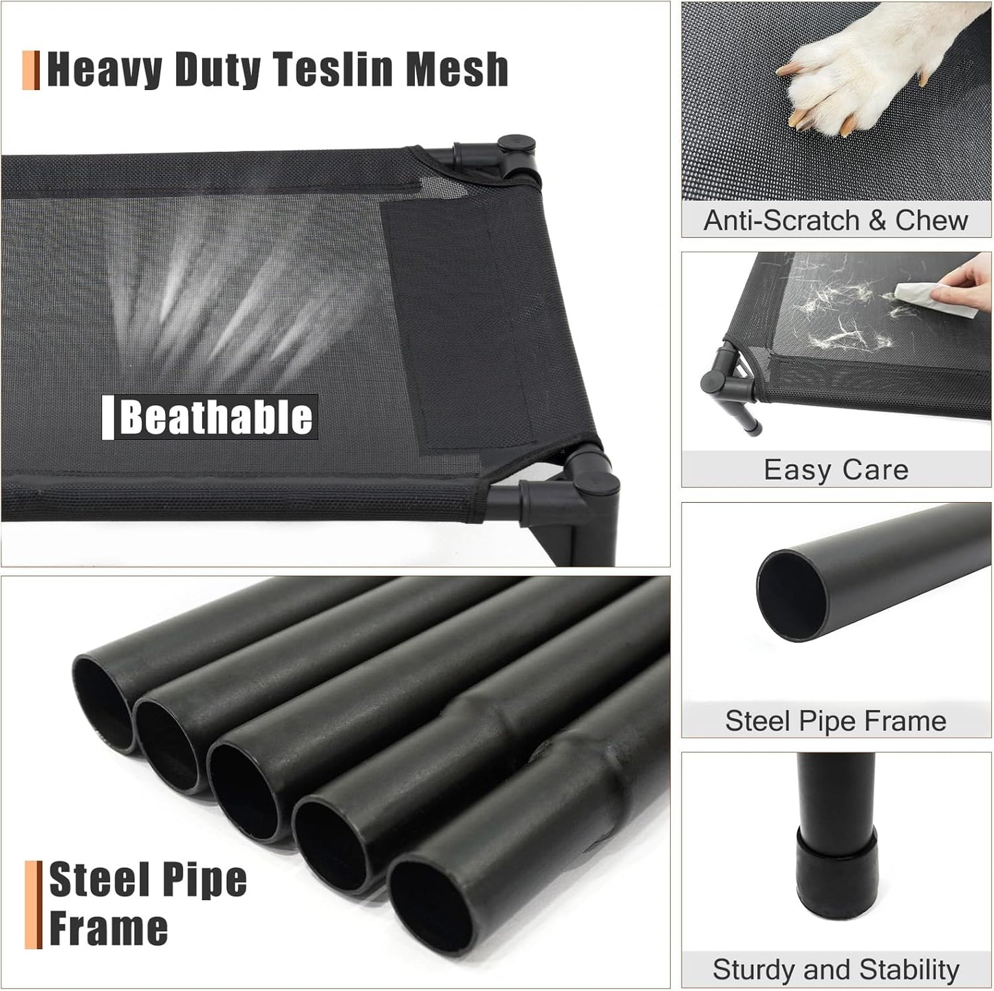 Elevated Dog Bed for Large Dogs, Raised Dog Cot Fits Up to 120 LBs, Heavy Duty Pet Cots with Durable Supportive Teslin Recyclable Washable Mesh, Indoor & Outdoor Pet Bed, Black