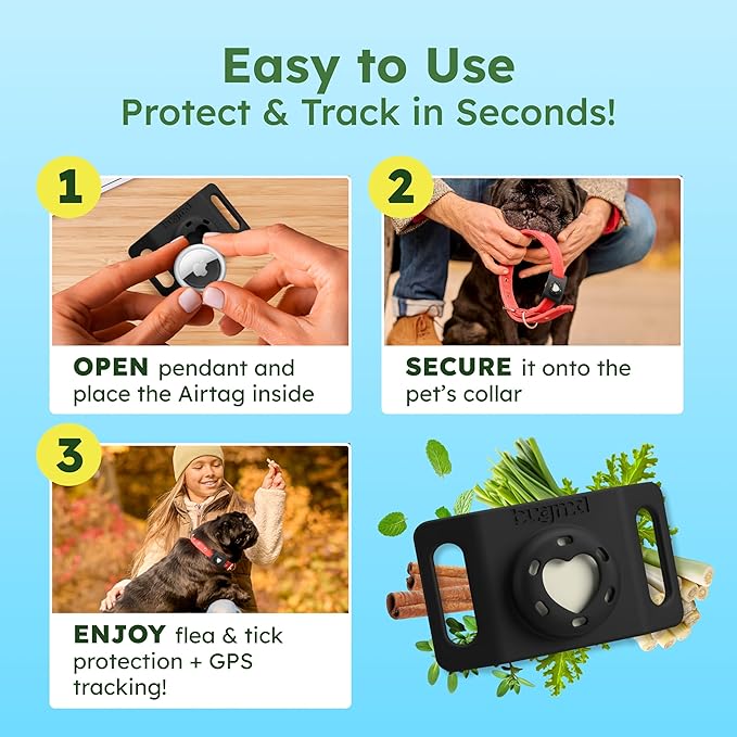 BugMD Paw Guardian Flea and Tick Prevention Pendant for Dogs & Cats with AirTag Holder | Plant-Powered Flea & Tick Control for Dog Collars & Cat Harnesses | Cat and Dog Tag with Air Tag Holder - BLACK