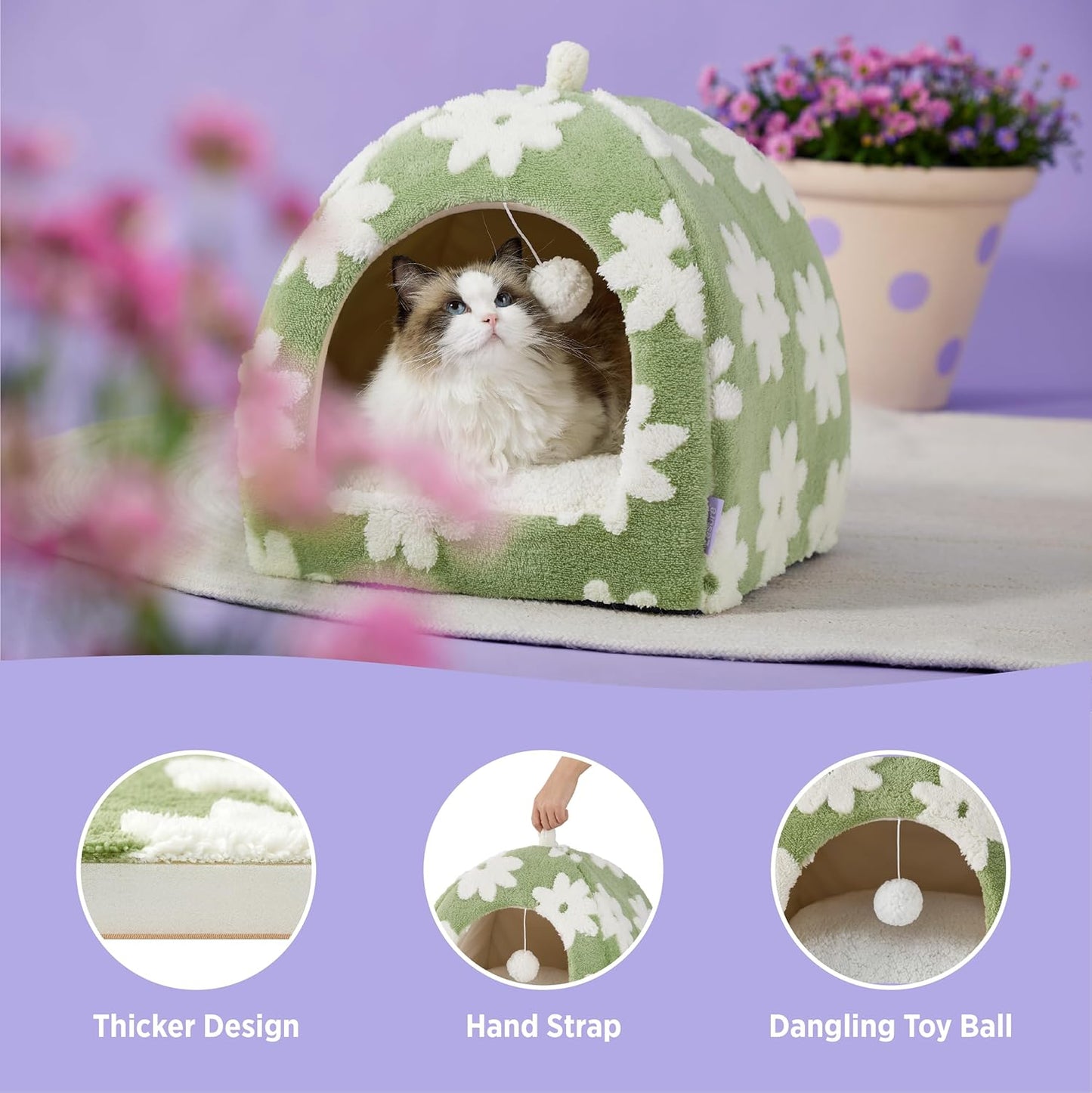 Lesure Cute Cat Beds for Indoor Cats - 2 in 1 Cat Cave Bed for Kittens and Small Pets with Removable Washable Cushioned Pillow, Cozy Ktten Tent with Non-Slip Bottom, Green, 16 inches