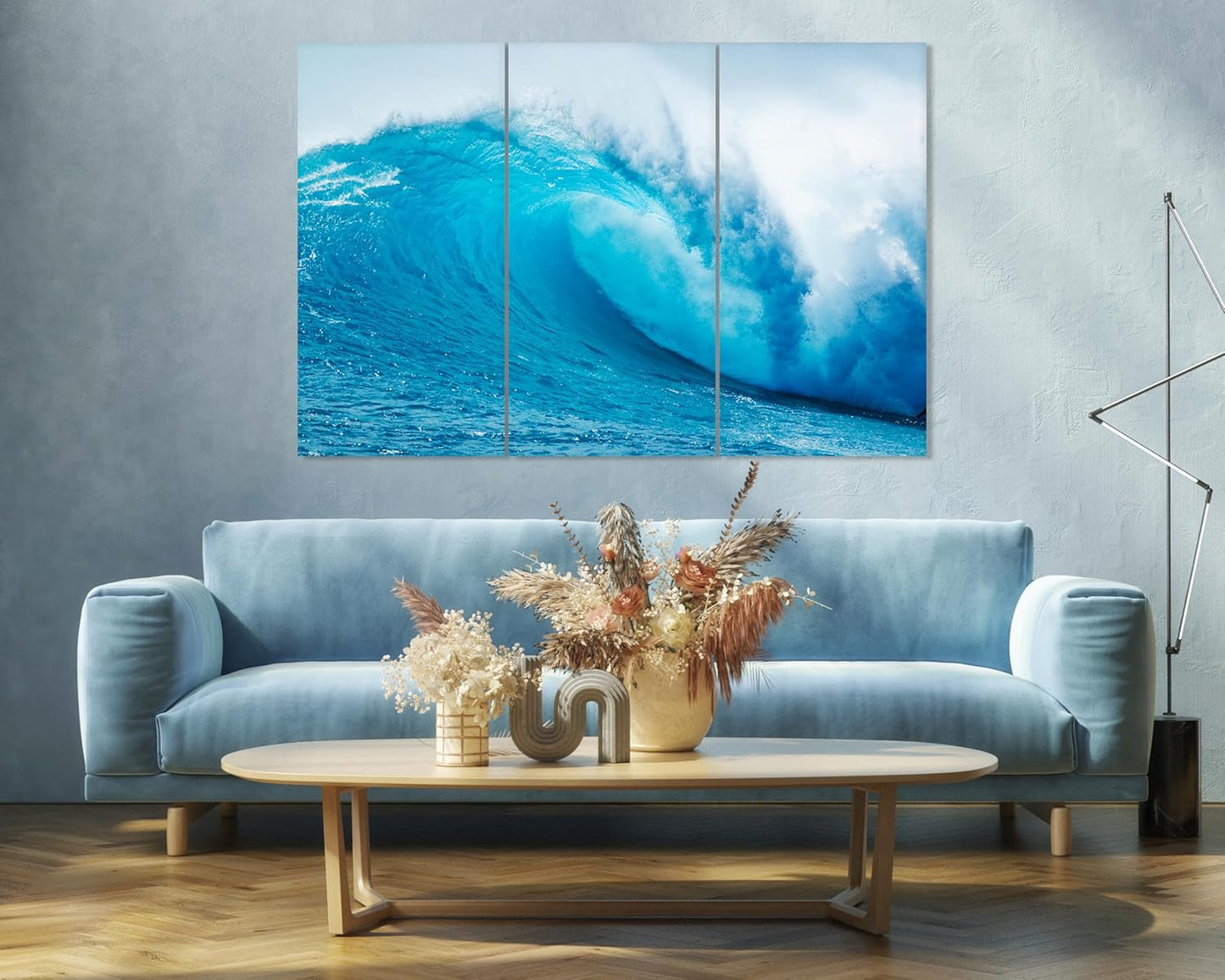 Nature Wall Art Prints - Ocean Forest Mountain Lake Canvas Landscapes - Small to Extra Large Living Room Bedroom Kitchen Bathroom Décor (Blue Ocean Wave, 39L" x 59W" - 3 Panels)