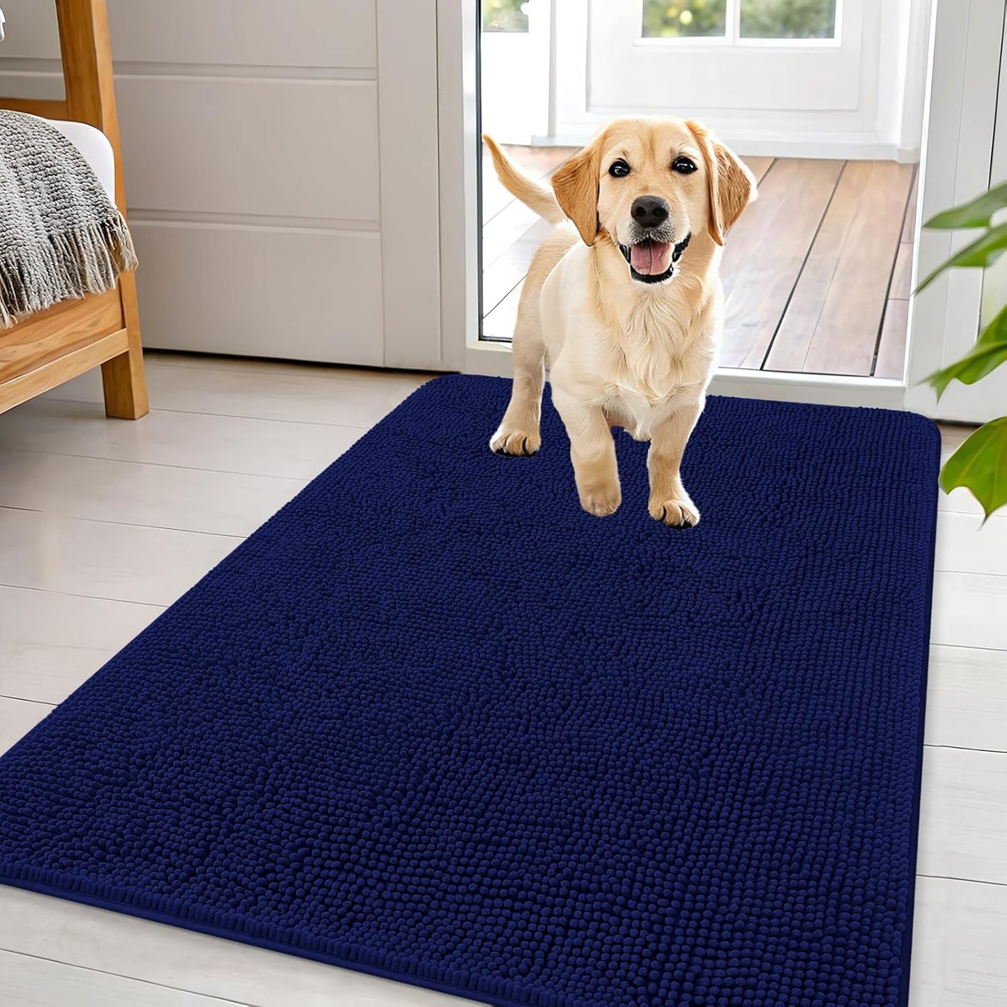 OLANLY Dog Door Mat for Muddy Paws 44x32, Absorbs Moisture and Dirt, Absorbent Non-Slip Washable Doormat, Quick Dry Chenille Mud Mat for Dogs, Entry Indoor Entryway Carpet for Inside Floor, Navy Blue