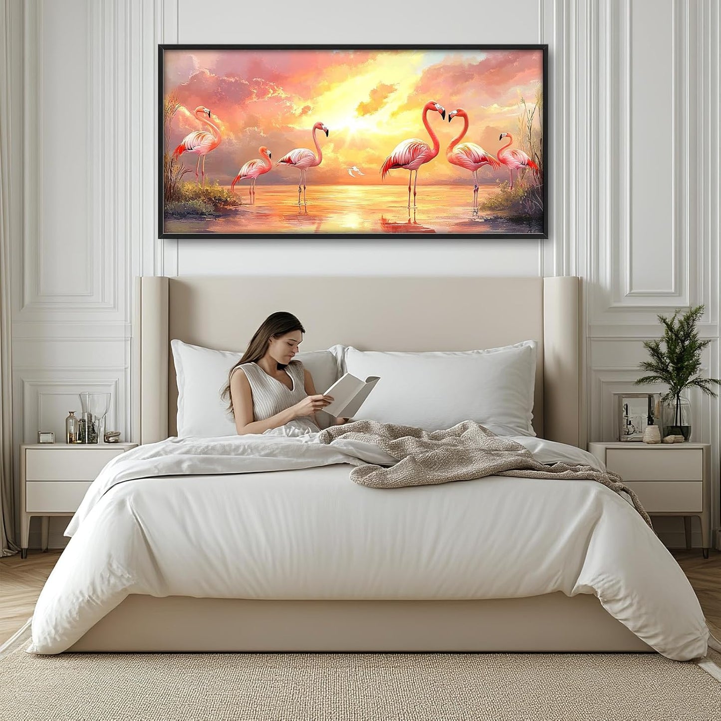 Large Flamingo Wall Art for Living Room, Framed Oversized Sunset Lake Wall Decor Landscape Canvas Painting Pictures Modern Artwork for Living Room Bathroom Bedroom Office Dining Room 60"x30"
