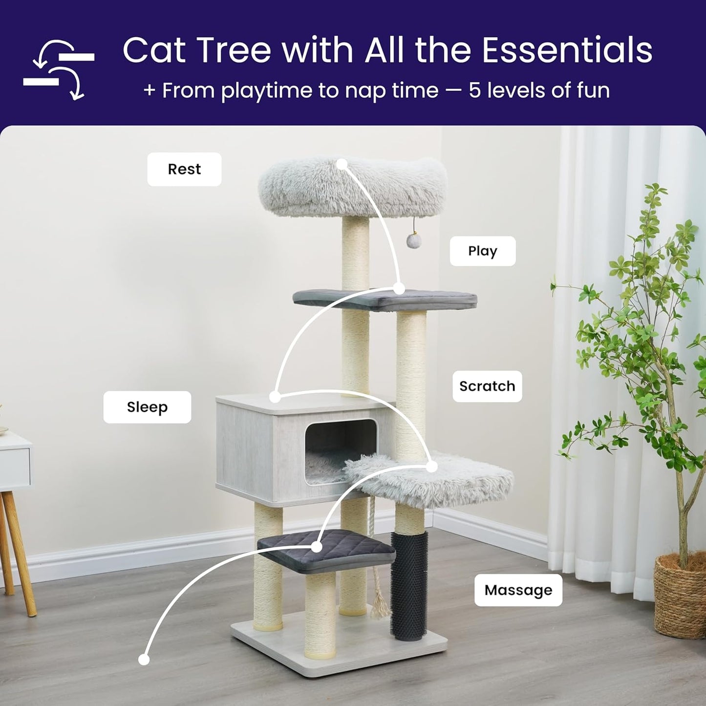 Catry Kasio 6 Level 54" High Modern Cat Tree with Laminated Wood Condo,Replaceable Scratching Posts,Removeable Washable Beds, Self Grooming Brush and Toys.(Light Gray)
