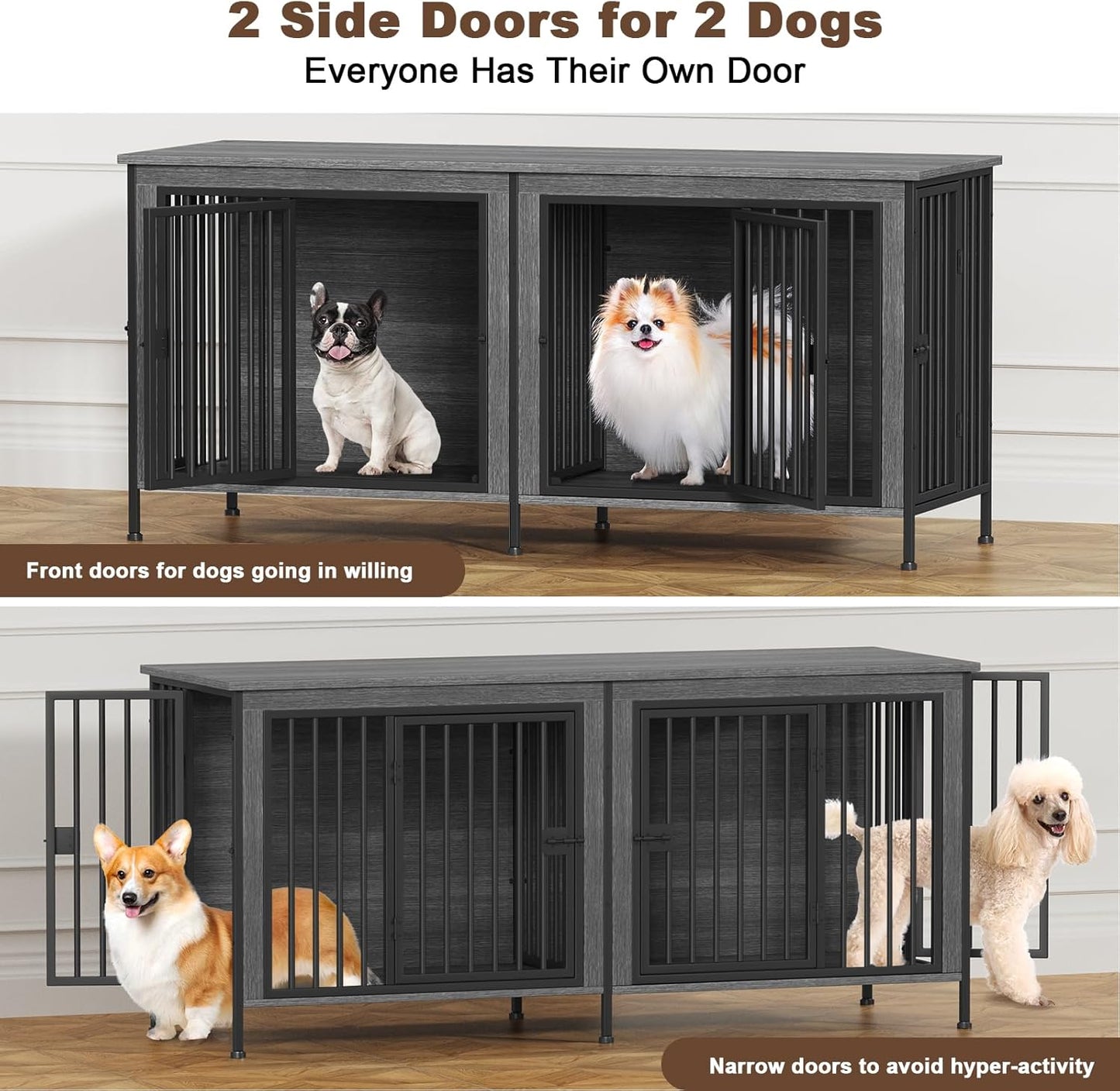 EasyCom 63" Dog Cage Furniture for 2 Pets with Divider, XL Wooden Double Dog Crate Furniture TV Stand for Mideum Breed, Durable and Sturdy