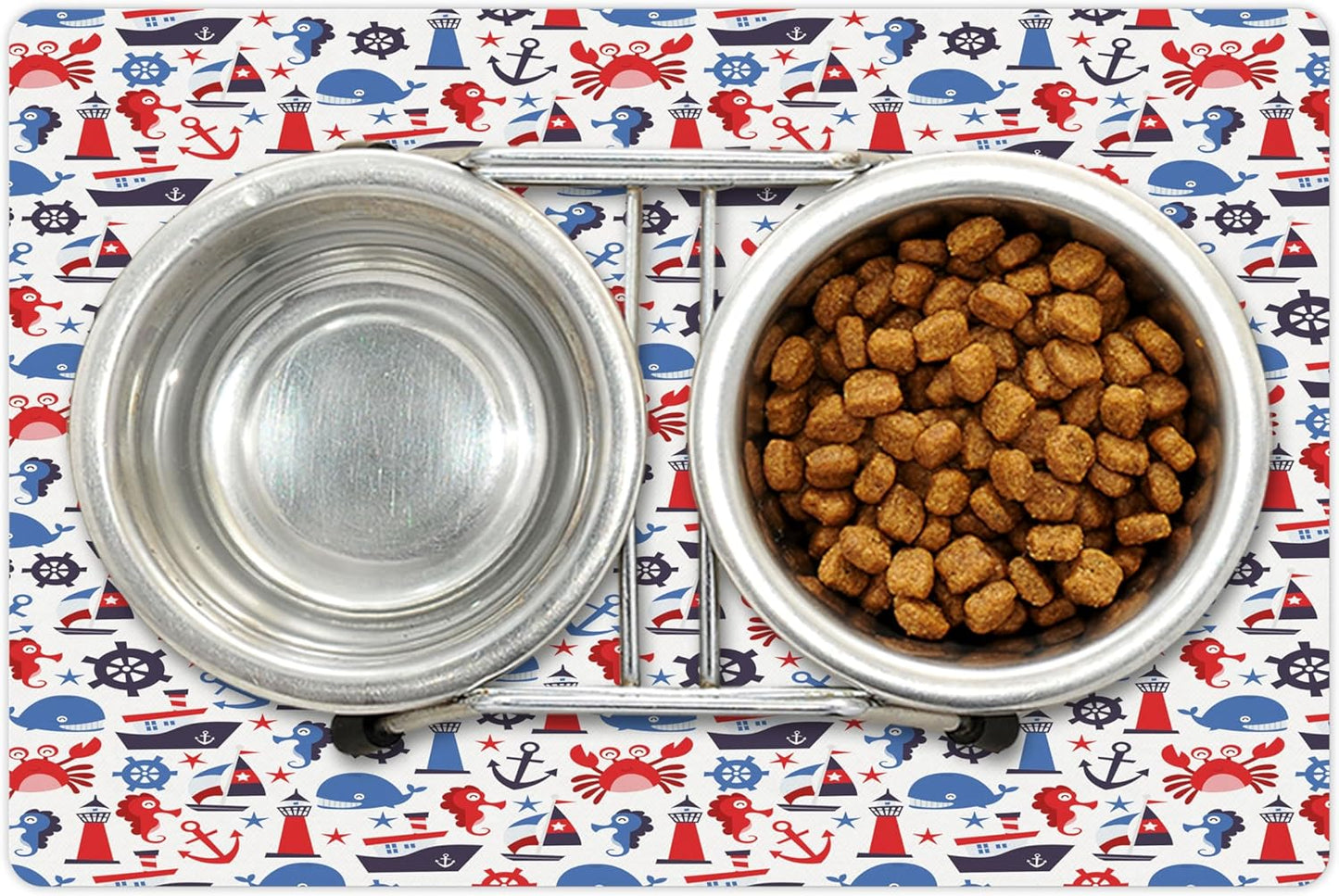 Lunarable Nautical Pet Mat for Food and Water, Steering Wheel Crab Cartoon Style Happy Fun Art Underwater World, Non-Slip Rubber Mat for Dogs and Cats, 18" X 12", Indigo Blue