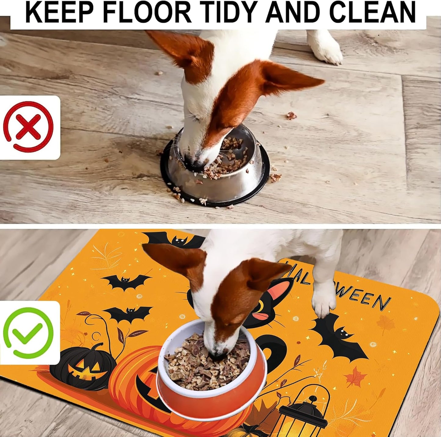 Happy Halloween Cat Pet Feeding Mat for Floors-Absorbent Dog Bowl Mat for Food and Water, Quick Dry Pet Cat Feeding Mats with Non Slip Bottom, Mess-Free Dog Accessories 16"x24"