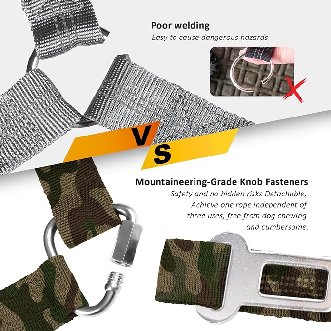 Removable Dog Seat Belt Harness for Car, 3 in 1 Pet Dog Car Seatbelt Leash, Retractable Restraint Secures to Vehicle Headrest & Adjustable Reflective Bungee Dog Seatbelt Tether, Camouflage