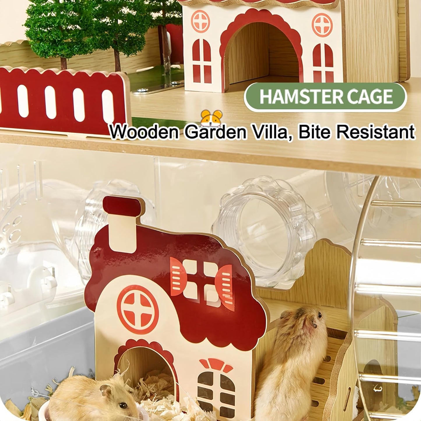 17 in 1 Clear Acrylic Hamster Cage with All Accessories,13.5''L* 10''W* 21''H Dwarf Hamster Cage,Magnetic Connection Small Hamster Enclosure,Garden Style Wooden Mouse Cage for Pet Mice(3-Layer,White)