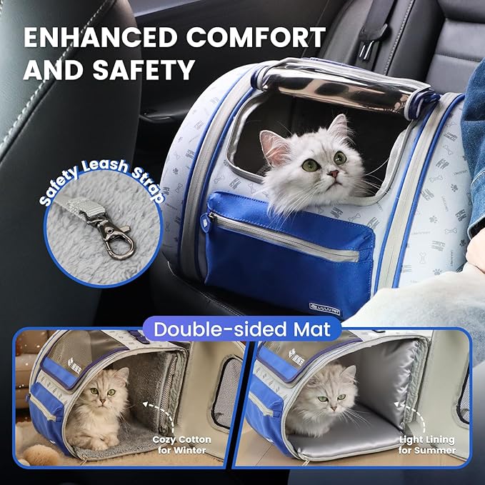 Cat and Dog Backpack Carrier, Foldable Breathable Pet Carrier Backpack with Mesh Ventilation, Large Portable Outing Traveling Pet Bag for Small, Medium Cats, Small Dogs, Blue