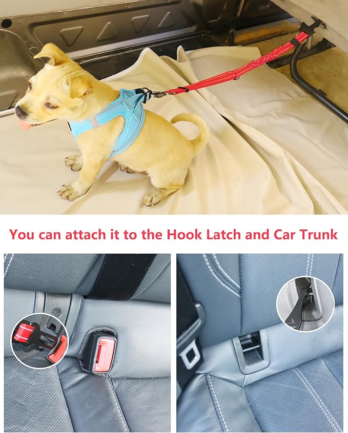AUBELL Dog Seat Belt for Car,Updated 3-in-1 Adjustable Reflective Bungee Heavy Duty Dog Car Harness Tether with Clip Hook Latch & Buckle,Swivel Zinc Alloy Carabiner,Red