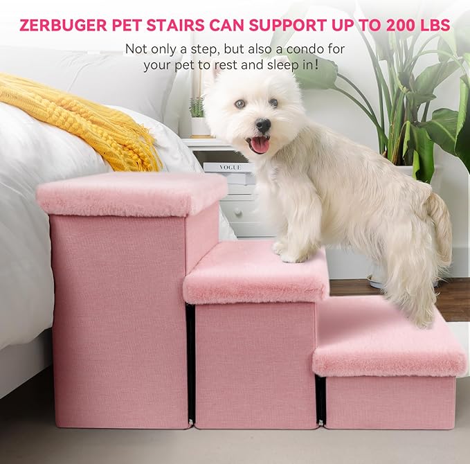 Dog Stairs with Furry Lids 18" H, 3-Step Wider Dog Steps with Storage for Small/Medium/Large Dogs Cats, Folding Sturdy Pet Stairs Climbing Bed or Sofa, Ramp for Car Hold Up to 200 lbs, Pink