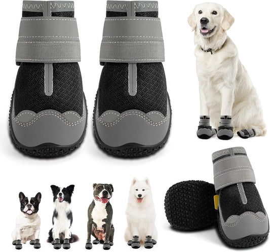 Dog Shoes for Large Dogs, Medium Dog Boots & Paw Protectors for Hardwood Floors, Outdoor Dog Booties for Hot Pavement Winter Snow Hiking, Breathable Dog Shoes with Reflective Strips Size 4