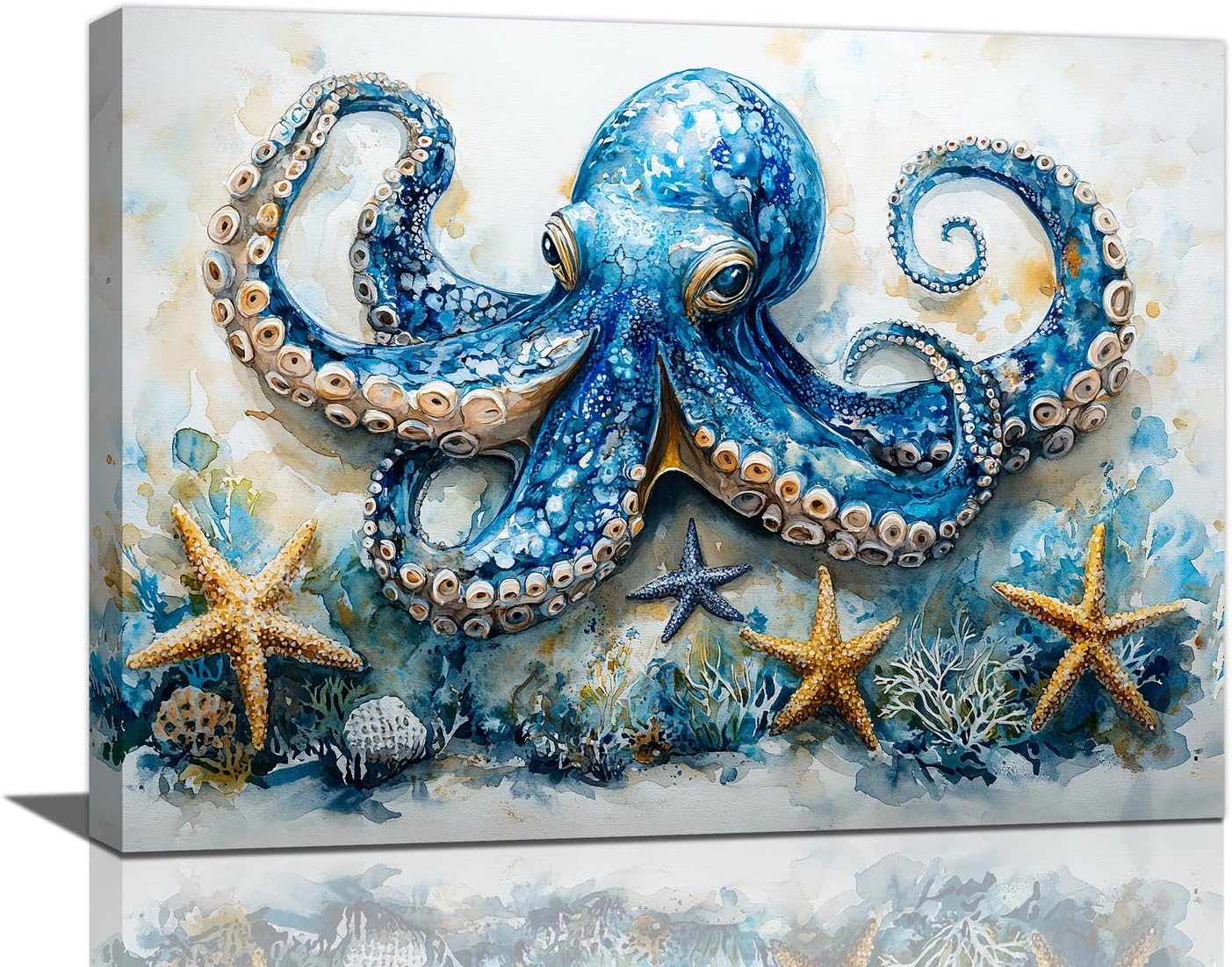 Octopus Bathroom Pictures Wall Art, Sea Animal Ocean Bathroom Wall Decor, Nautical Framed Painting Canvas Artwork for Bedroom Living Room Decorations 16"L x 12"W