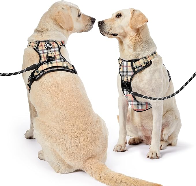NESTROAD No Pull Dog Harness with Leash, Reflective No Choke Pet Vest Harness,Adjustable Soft Padded Dog Harness with Easy Control Handle for Medium Dogs(Checkered Beige,Medium)