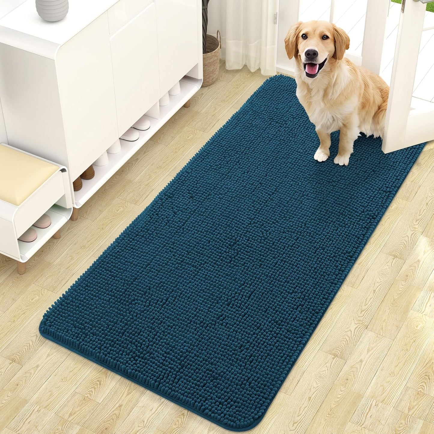 OLANLY Dog Door Mat for Muddy Paws 47x24, Absorbs Moisture and Dirt, Absorbent Non-Slip Washable Doormat, Quick Dry Chenille Mud Mat, Entry Indoor Entryway Carpet for Inside Floor, Atlantic Blue