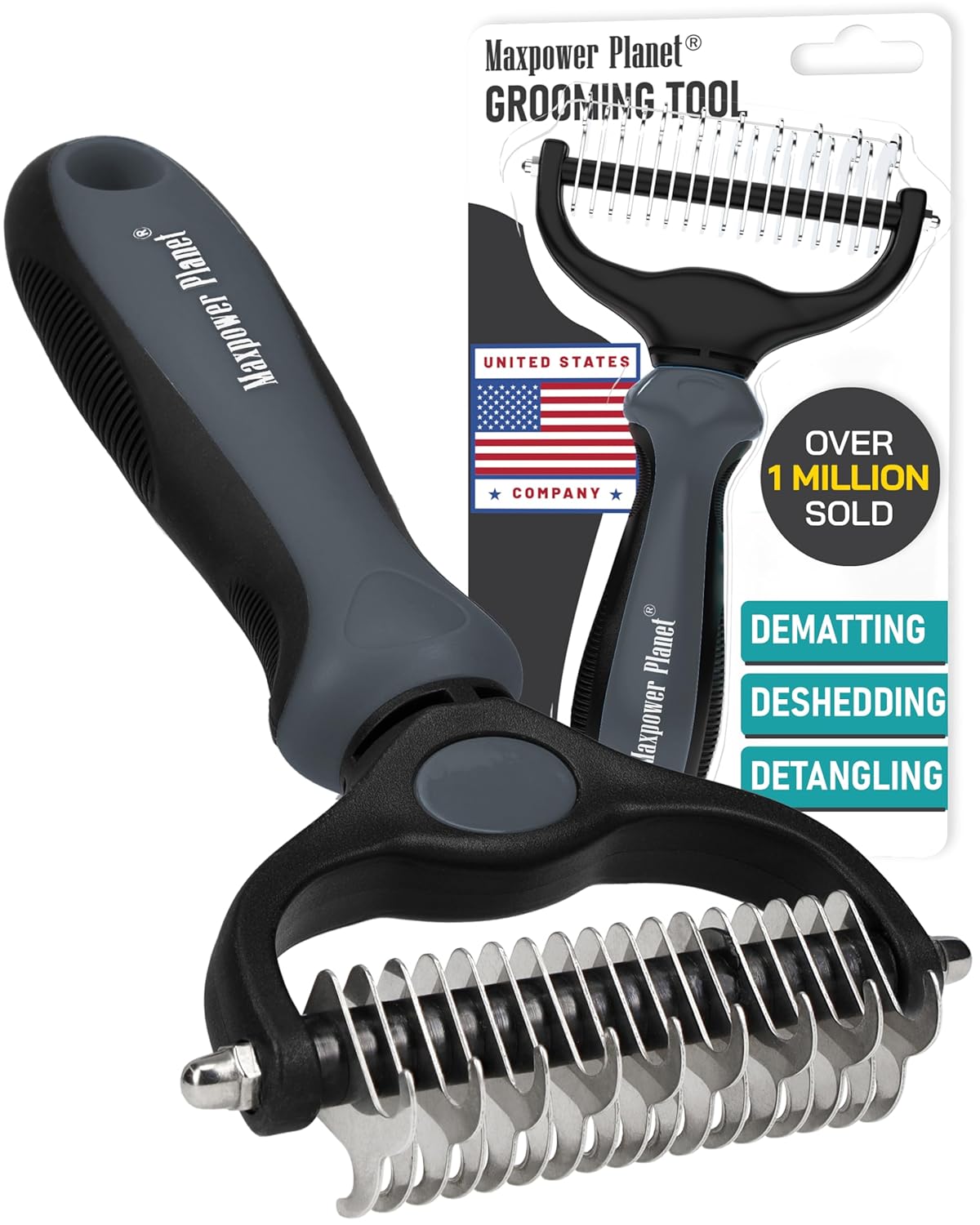 Maxpower Planet Pet Grooming Brush - Double Sided Undercoat Rake for Dogs and Cats, Extra Wide, Reduce Shedding by 95%, Grey
