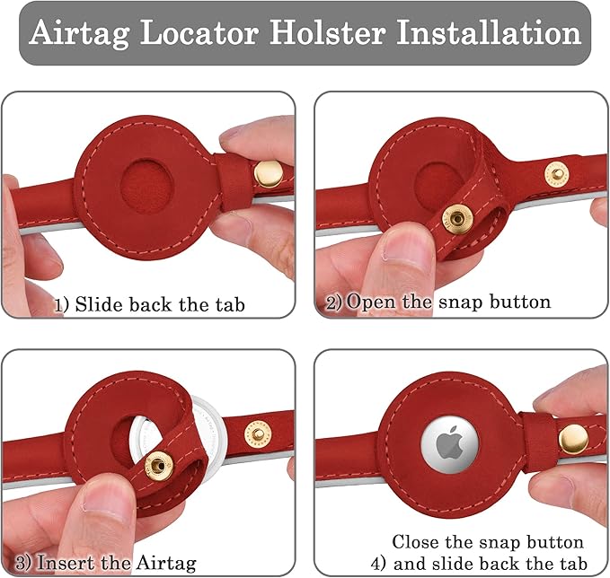 OOPSDOGGY Rolled Leather Dog Collar with Airtag Holder - Reflective Round Airtag Dog Collar - Soft Tracking Pet Collar for Small Dogs Puppy Cats Kitten (Red, S, 10"-13")