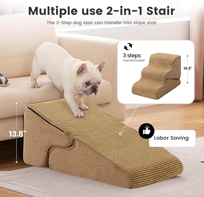 Gardner Pet Dog Stairs for Small Dogs 16.5" H, 2 in 1 Transformable 3-Step Pet Stairs and Dog Ramp for Couch (13-20 in), Brown Adjustable Pet Steps with Non-Slip Waterproof Cover and CertiPUR-US Foam