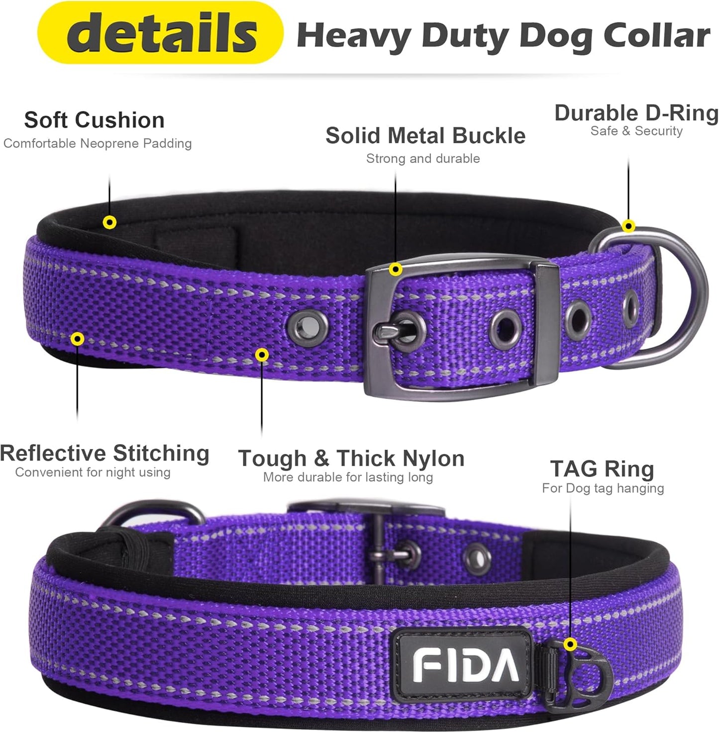 Fida Heavy Duty Dog Collar, Ultra Comfortable Soft Neoprene Padded, Adjustable Reflective Nylon Pet Collar with Durable Metal Belt Buckle for Large Breeds (L, Purple)