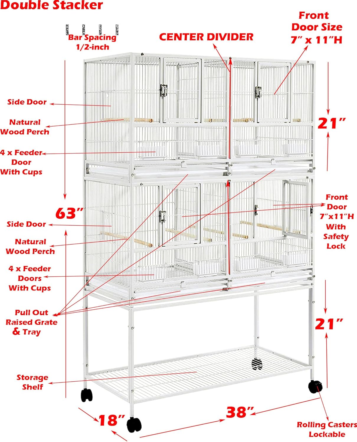 1/2/3-Combo Stacker Center Divided Breeder Breeding Bird Flight Double Rolling Cage for Aviaries Canaries Cockatiels Lovebirds Finches Budgies Small Parrots (White Vein, Two Stacker)