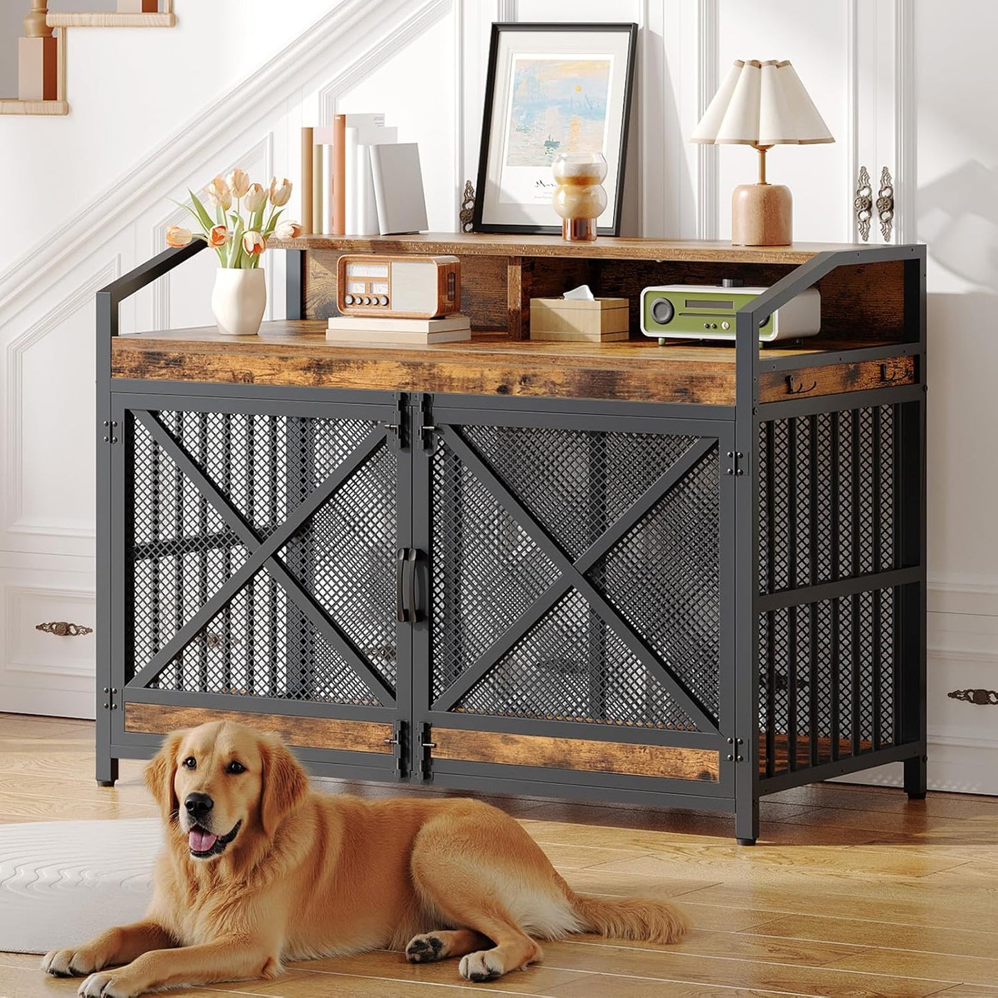 HOOBRO 43.3" Dog Crate Furniture, Heavy Duty Dog Kennel Indoor with Storage Shelves, Wooden Dog Cage with LED Lights, for Medium Large Breed, Rustic Brown and Black BF89DGW03