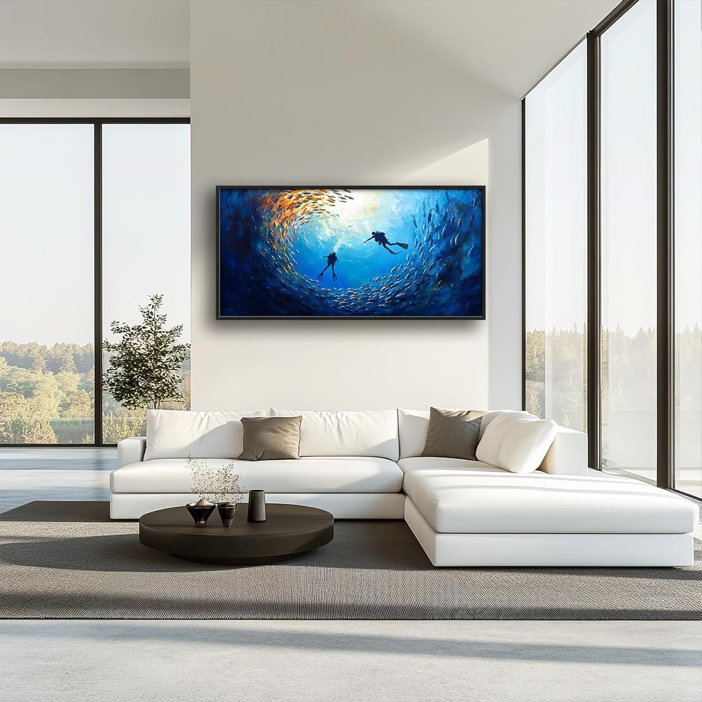Large Ocean Diving Wall Art for Living Room, Framed Oversized Fish Wall Decor Underwater Marine Life Canvas Painting Modern Artwork for Living Room Bathroom Bedroom Office Dining Room 60"x30"