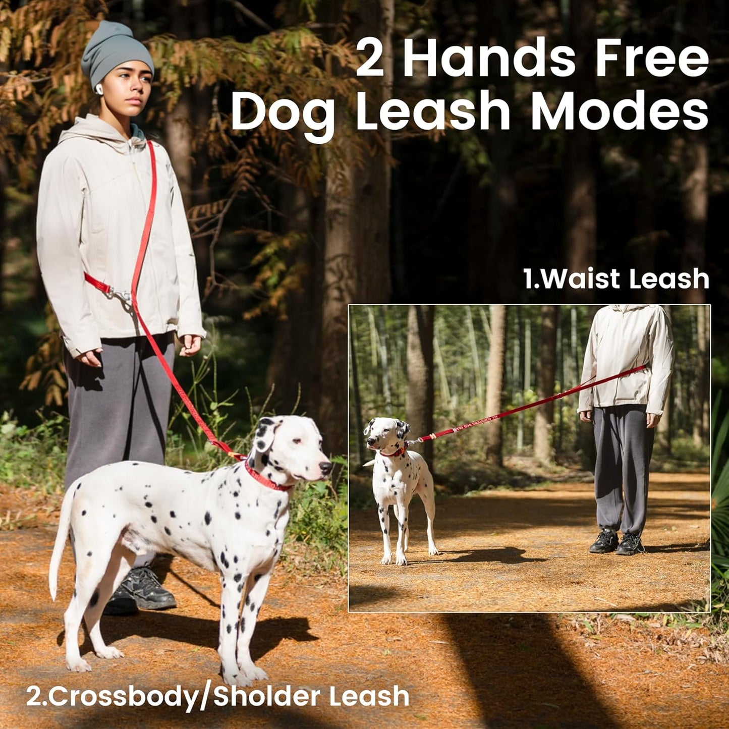 HOWGO 8-in-1 Multifunctional Hands Free Dog Training Leash with Padded Handle, 8.5 FT Nylon Adjustable Length, Lightweight Aviation Aluminum, Crossbody Waist Leash for Puppy Medium Large Dogs (Red)