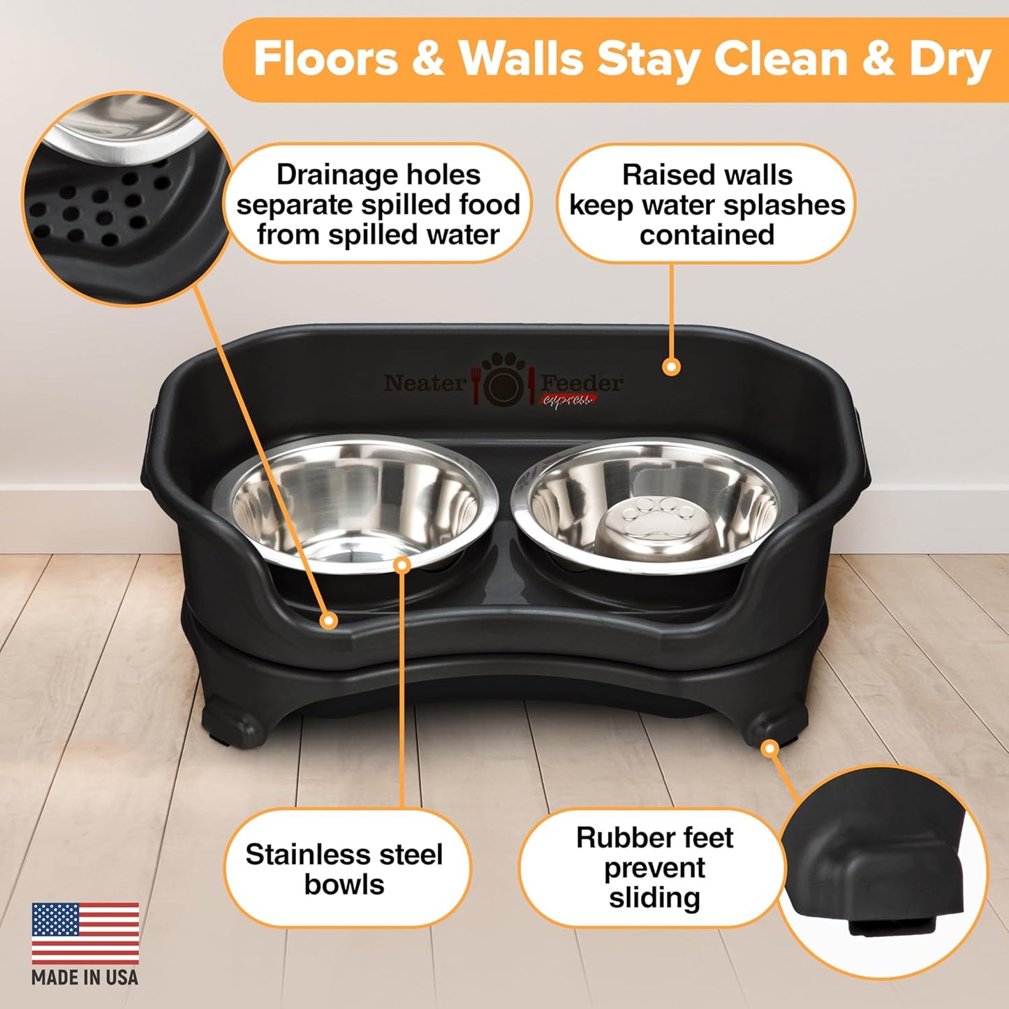 Neater Feeder Express Mess Proof Dog Bowls Elevated for Small Breed – Made in USA – No Spill Raised Slow Feeder Elevated Dog Bowl Stand, Stainless Steel Food and Water Bowl Set, Black