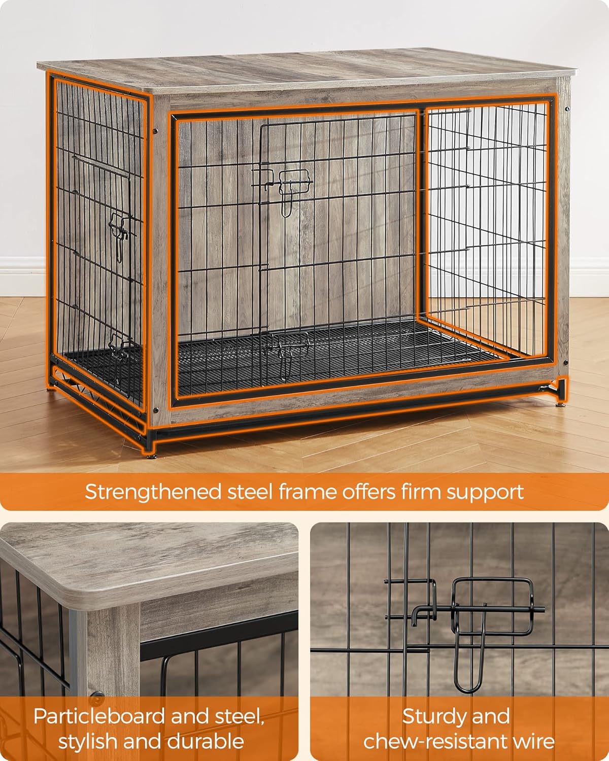 Feandrea Dog Crate Furniture, 44.1" Side End Table, Modern Kennel for Dogs Indoor up to 80 lb, Heavy-Duty Dog Cage with Multi-Purpose Removable Tray, Double-Door Dog House, Greige UPFC004G01