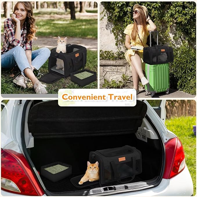 PETUX Pet Carrier Airline Approved, 17"x11"x9.5" Cat Carrier Soft with Anti-Scratch Mesh for Small Cats up to 12 lb, Top Open Portable Dog Carriers with Little Box for Puppy up to 10 lb (Black)