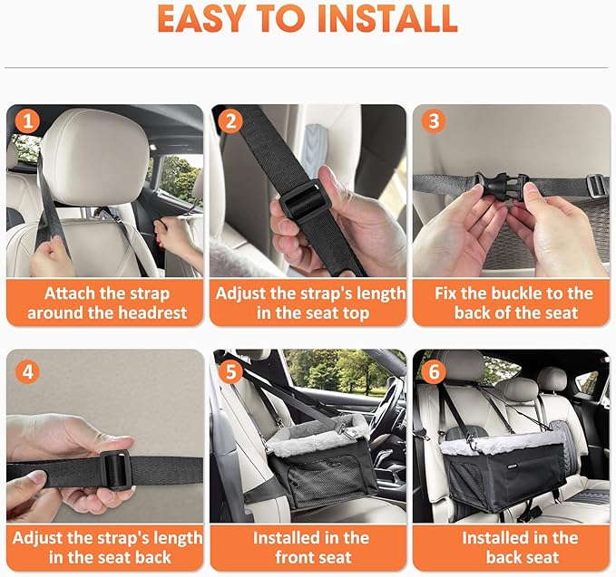 JOEJOY Deluxe Dog Booster Seat with Sturdy Metal Frame and Safety Leash for Small Pets up to 20 lbs - Portable Puppy Dog Car Seat with Thick Cushion and Storage Pockets for Small Dogs, Black