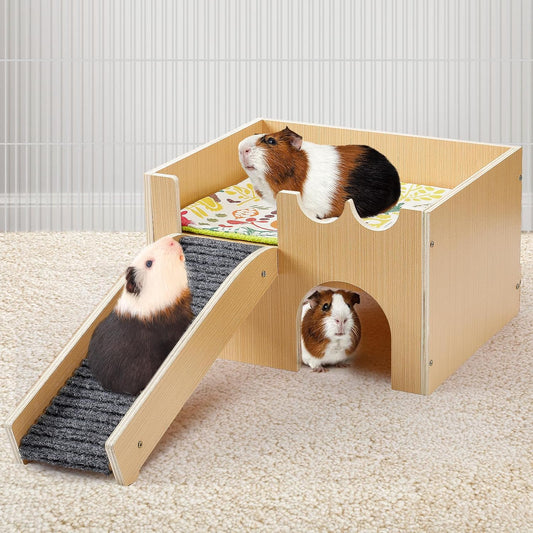 Upgraded Guinea Pig Castle, Sturdy Wooden Guinea Pig Hideout, Small Animal House Bed Hut Habitats with Stairs, Easy to Assemble for Hamsters Bunny Chinchillas Playing Hiding